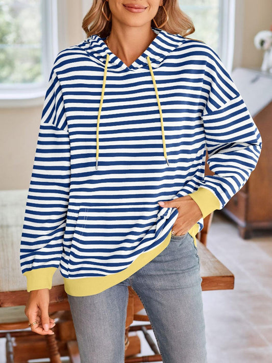 Drawstring Striped Long Sleeve Hoodie - Abundia House