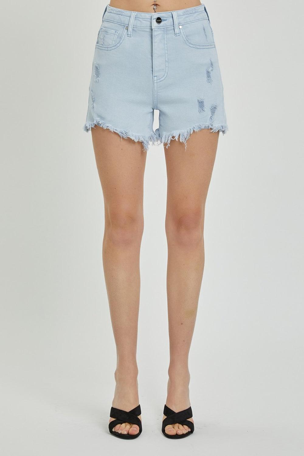 RISEN Full Size High Rise Distressed Detail Denim Shorts - Abundia House