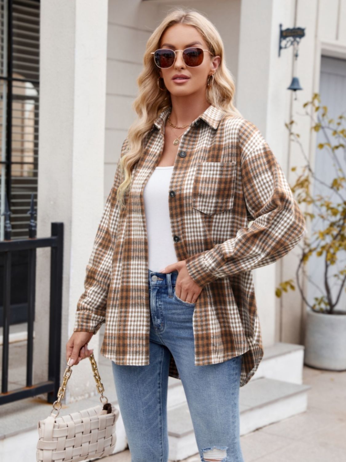 Pocketed Plaid Collared Neck Long Sleeve Shirt - Abundia House