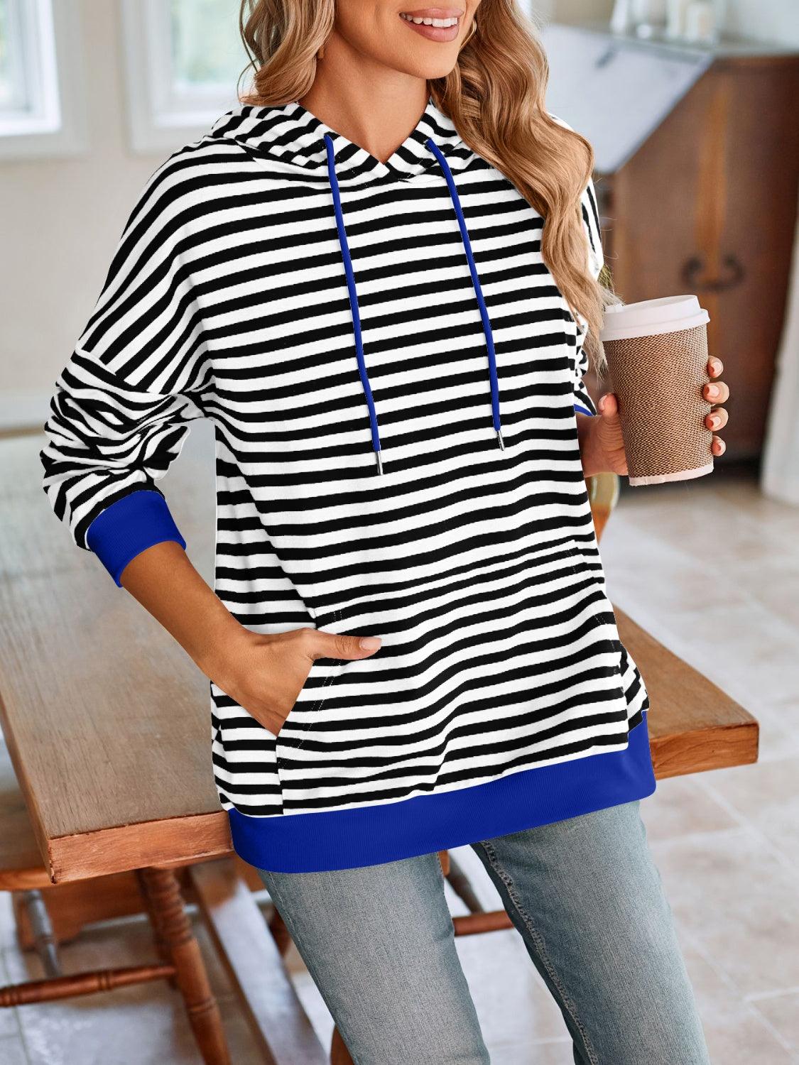 Drawstring Striped Long Sleeve Hoodie - Abundia House