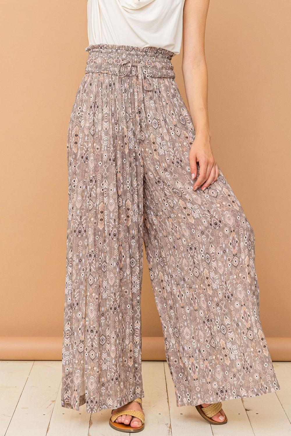 And The Why Printed Smocked Waist Slit Wide Leg Pants - Abundia House