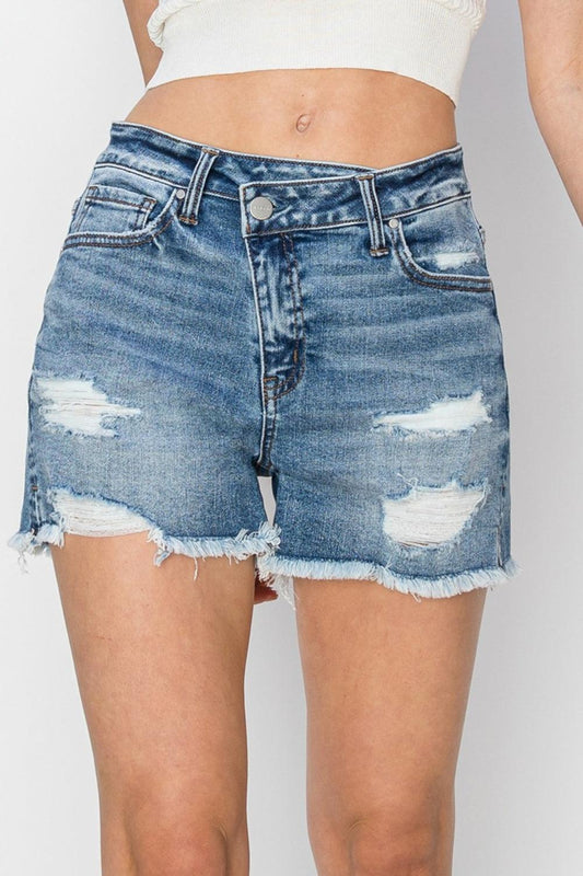 RISEN Stepped Waist Frayed Denim Shorts - Abundia House