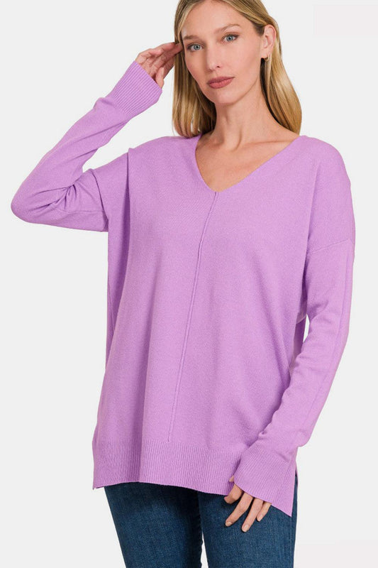 Zenana Slit V-Neck Dropped Shoulder Sweater - Abundia House