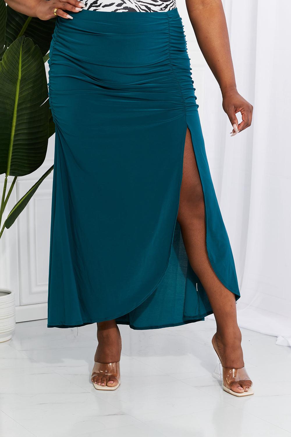 White Birch Full Size Up and Up Ruched Slit Maxi Skirt in Teal - Abundia House