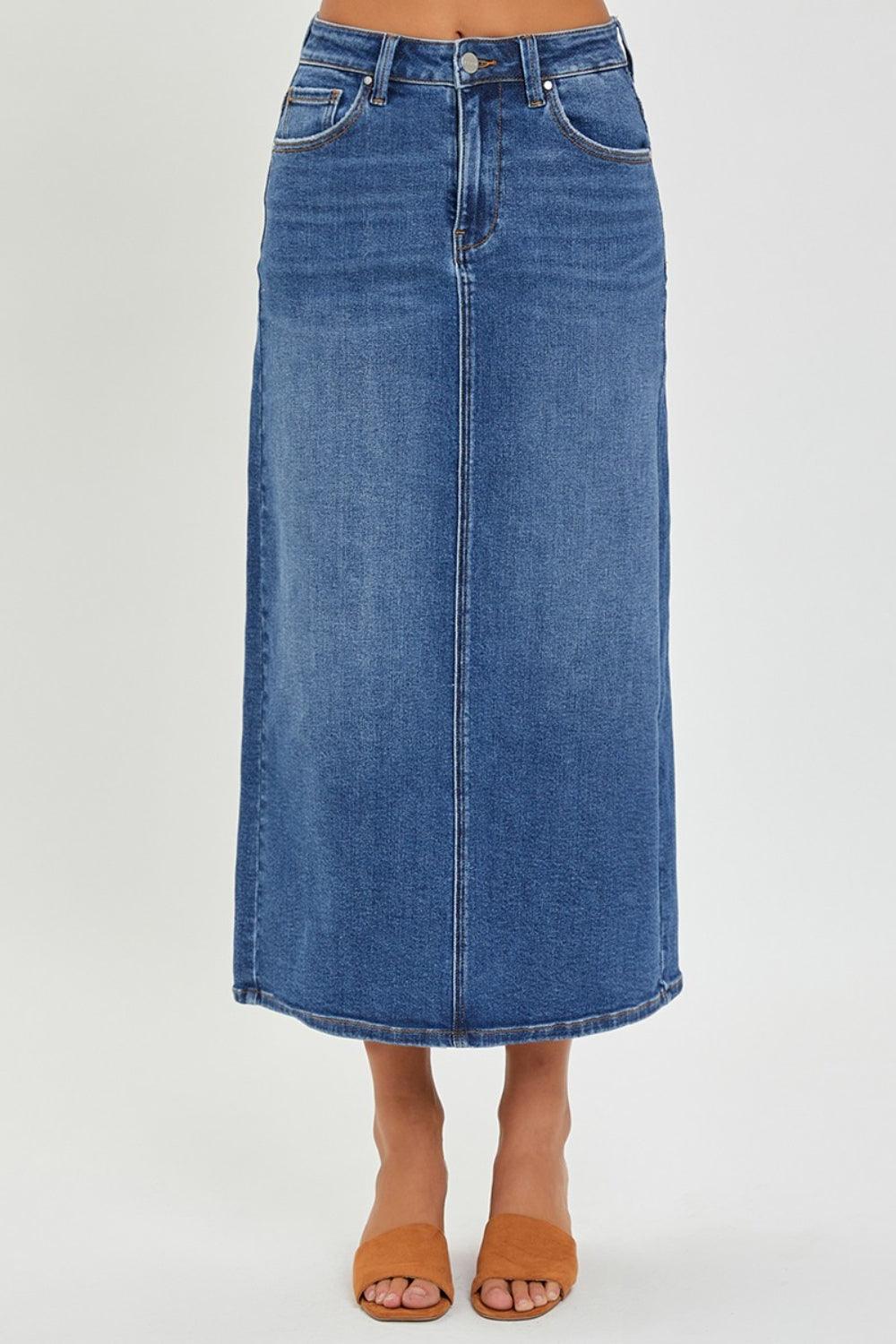 RISEN High Rise Back Slit Denim Skirt - Abundia House