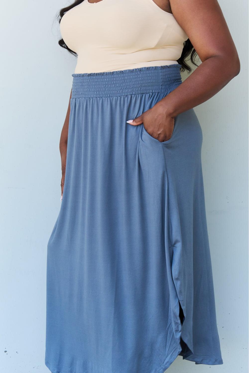 Doublju Comfort Princess Full Size High Waist Scoop Hem Maxi Skirt in Dusty Blue - Abundia House