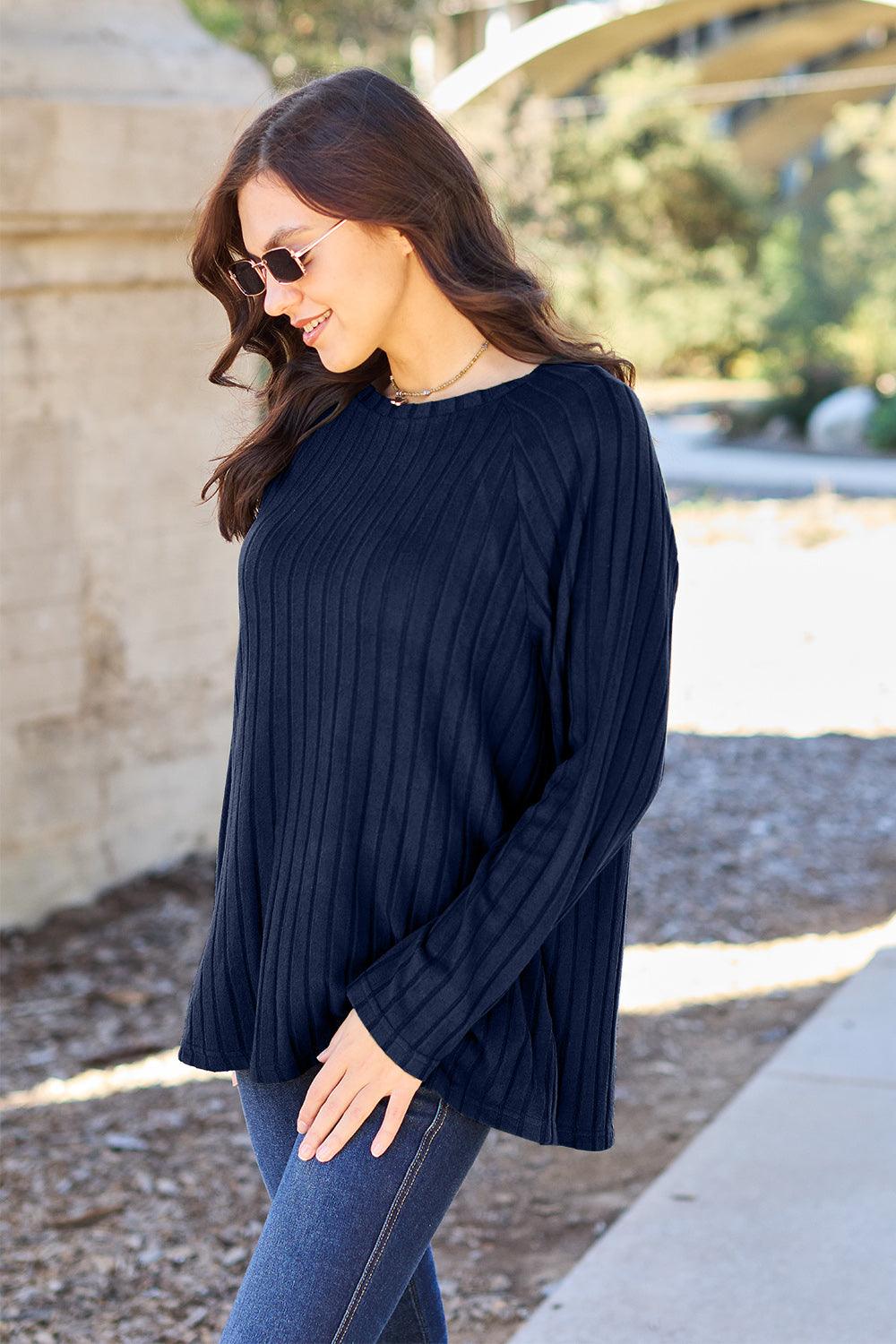 Basic Bae Full Size Ribbed Round Neck Long Sleeve Knit Top - Abundia House