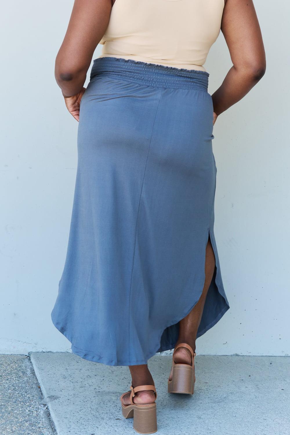 Doublju Comfort Princess Full Size High Waist Scoop Hem Maxi Skirt in Dusty Blue - Abundia House