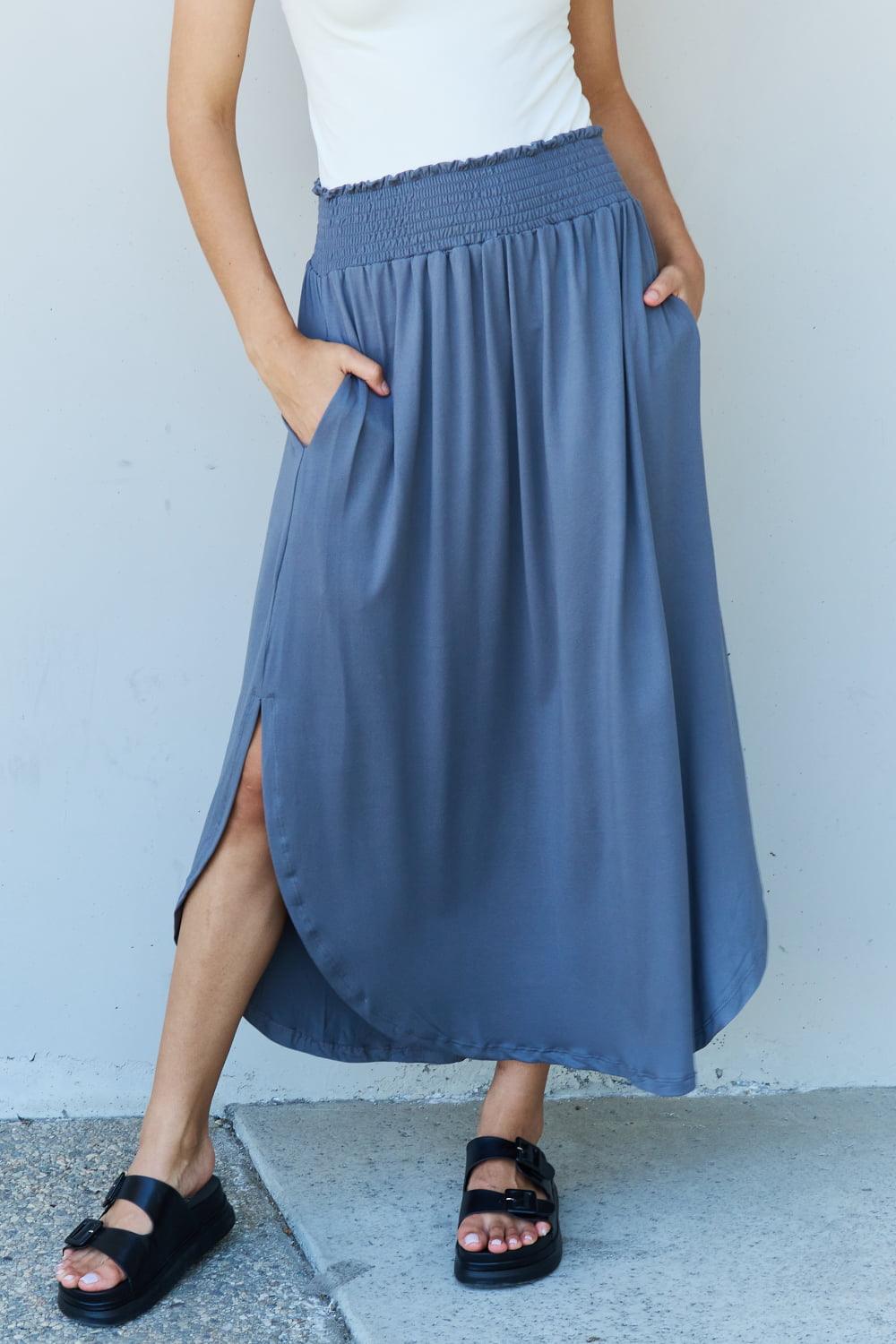 Doublju Comfort Princess Full Size High Waist Scoop Hem Maxi Skirt in Dusty Blue - Abundia House