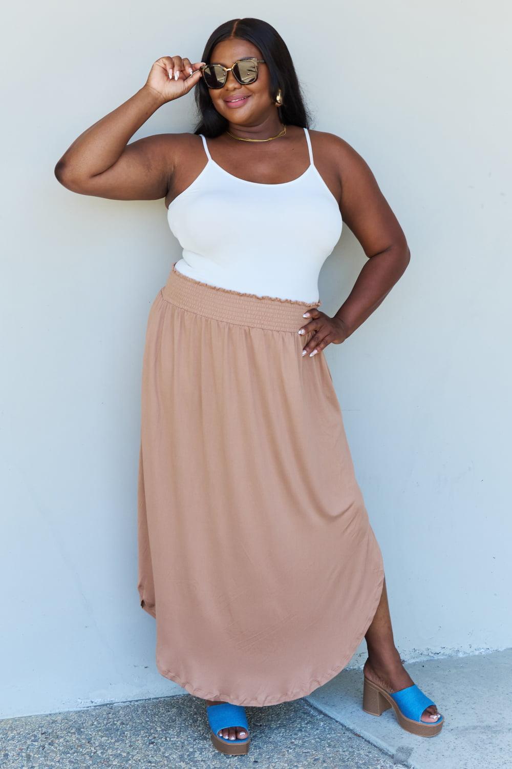 Doublju Comfort Princess Full Size High Waist Scoop Hem Maxi Skirt in Tan - Abundia House