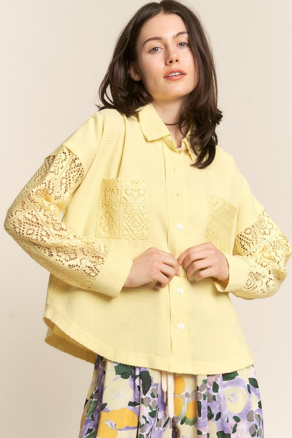 J.NNA Button Down Lace Long Sleeve Waffle Shirt - Abundia House