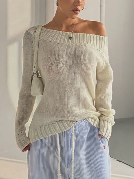 Ribbed Knit Boat Neck Sweater
